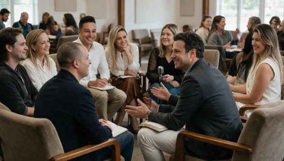 Pessoas reunidas em uma célula da Influ Church